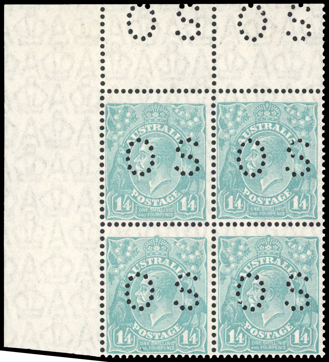Australia Official. 1926-30 1s 4d turquoise unmounted corner block S.G. O111 cat £2,400++