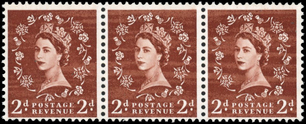 Great Britain 1958 SG 573var 2d Red brown "Dollis Hill Phosphor Trial" strip of 3