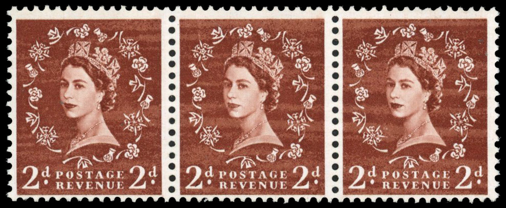 Great Britain 1958 SG 573var  2d Red brown "Dollis Hill Phosphor Trial" strip of 3