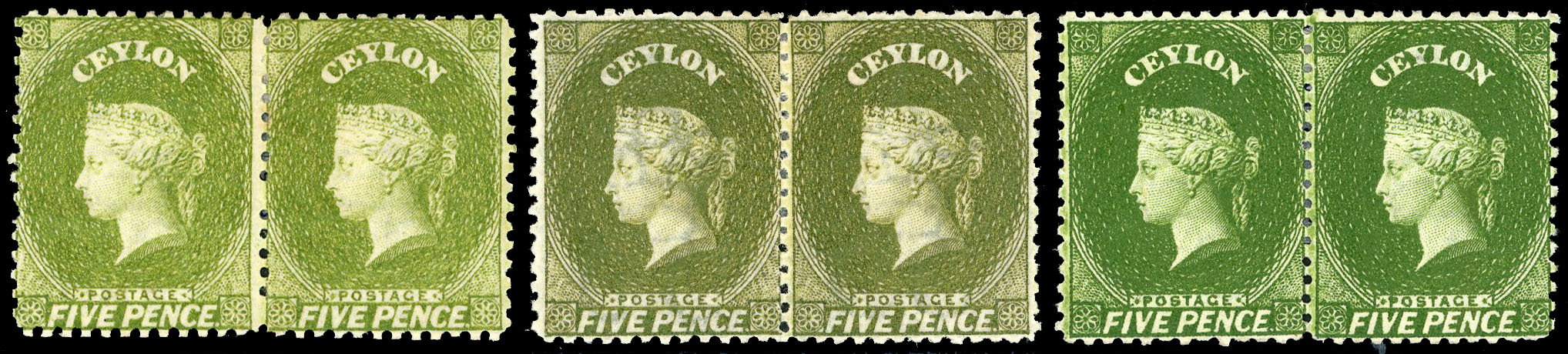 Ceylon SG 66ax,b,c listed shades on 5d in mint pairs