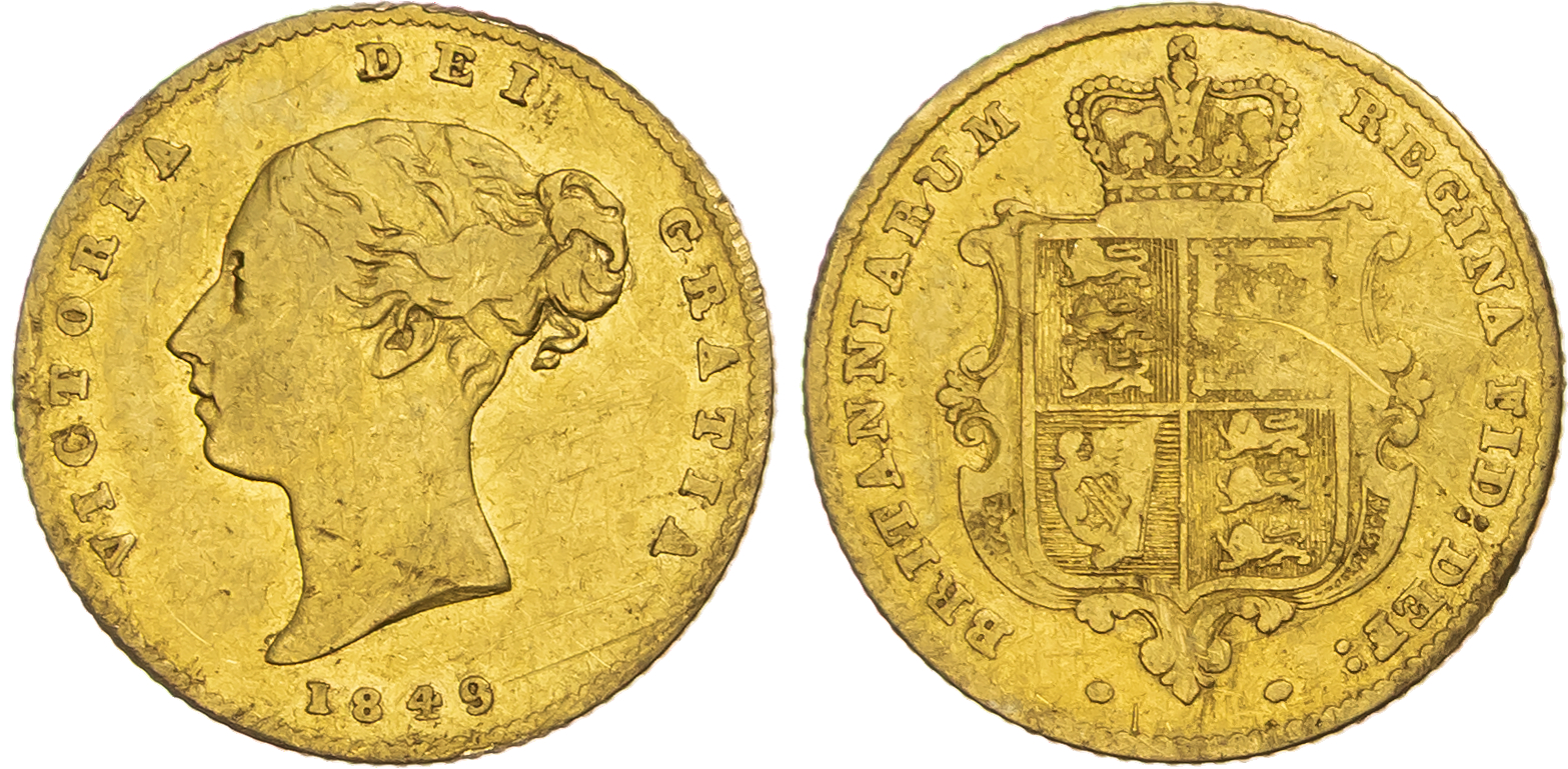 Victoria (1837-1901), Young Head Coinage, AV Half Sovereign, Type A1, 1849.