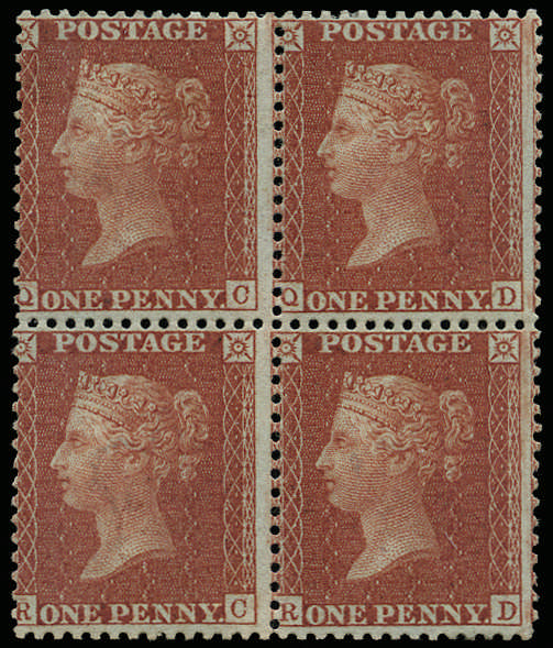 1856 1d Red-brown Pl.35. Unused block of four