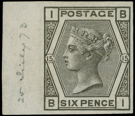 1876 6d Grey Pl.15. Very fine unused o.g. imperforate left hand marginal imprimatur lettered BI. Dated in margin ’25 Jul…