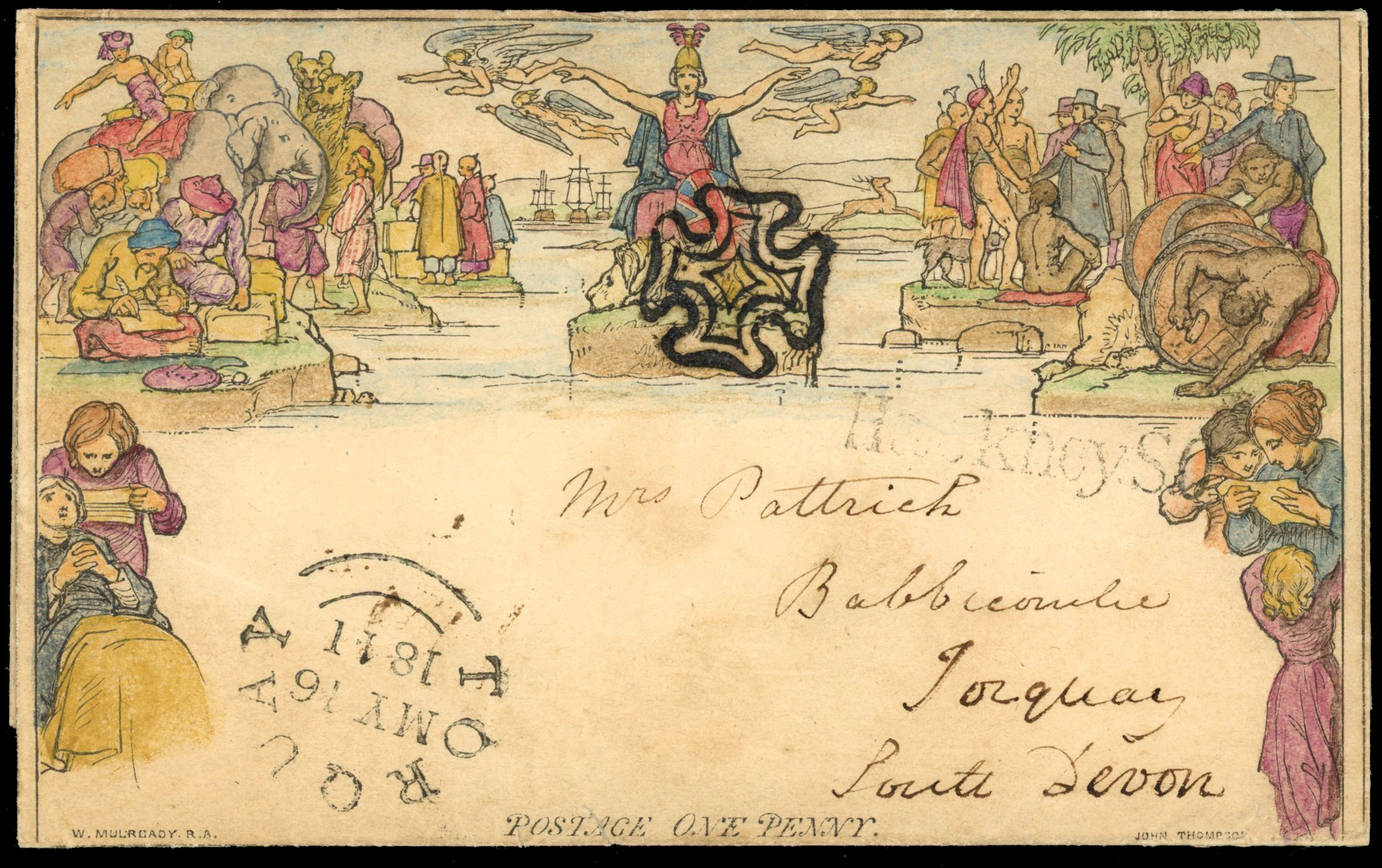 GB 1840 1d hand-coloured Mulready lettersheet used to Devon