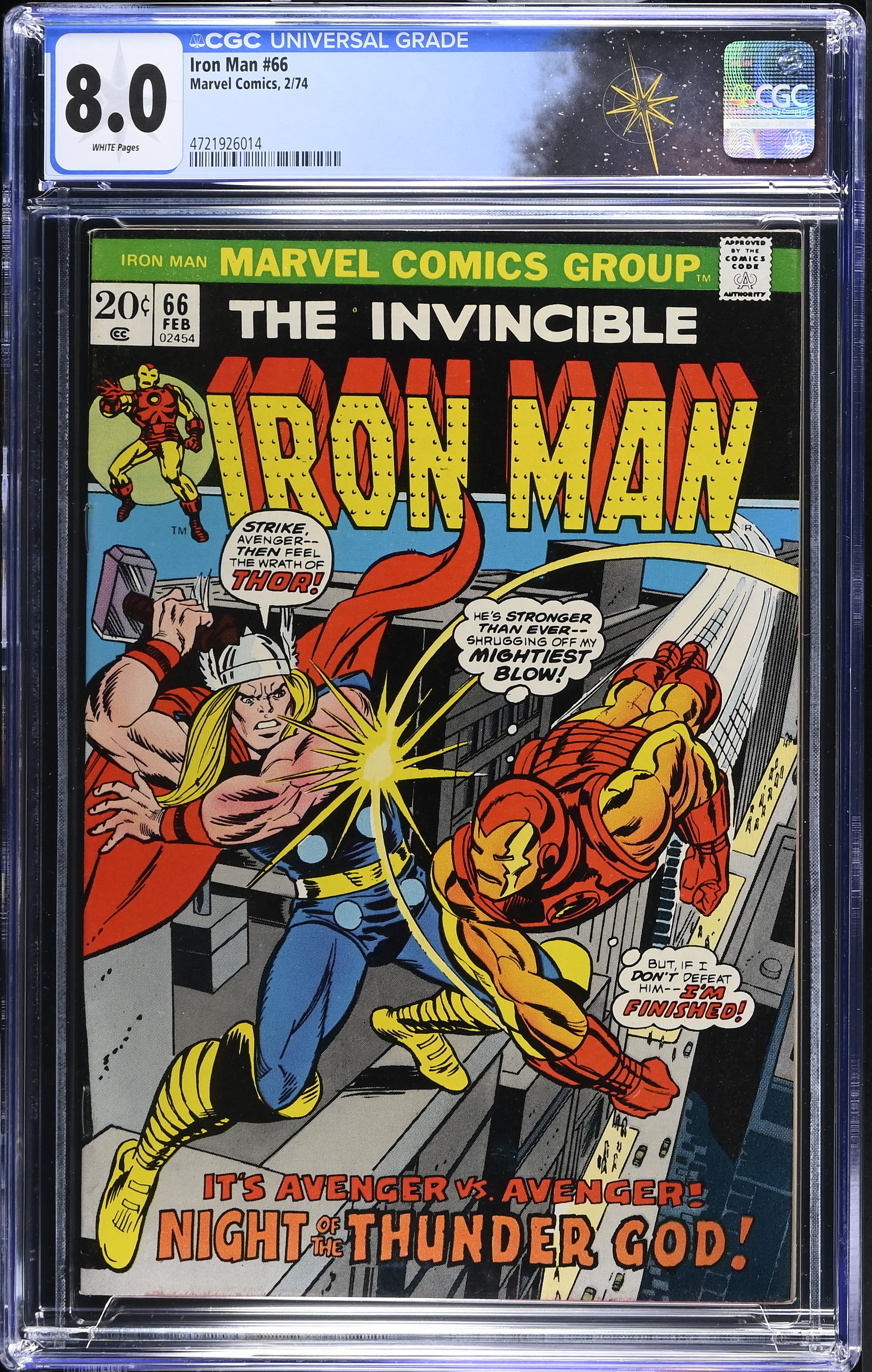 Iron Man #66 CGC 8.0 "Night of the Thunder God!" Avenger vs. Avenger (Marvel Comics, 1974) White Pages