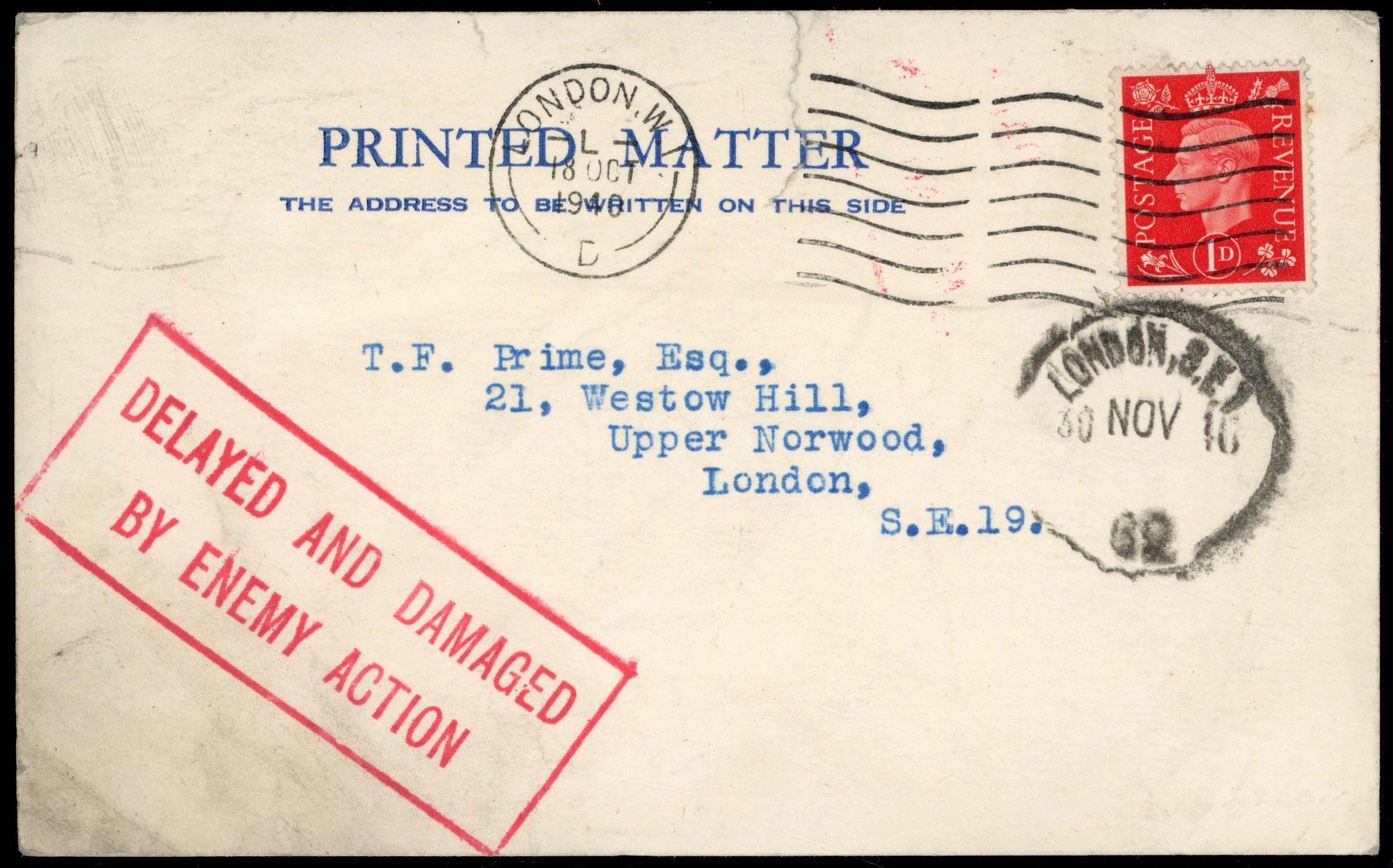 GB 1940 postcard with DELAYED AND DAMAGED BY ENEMY ACTION cachet