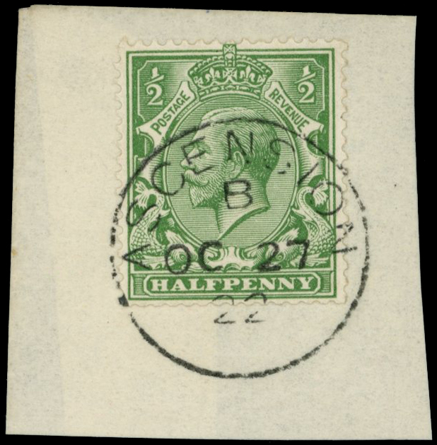 1913 ½d green neatly tied to large paper piece...