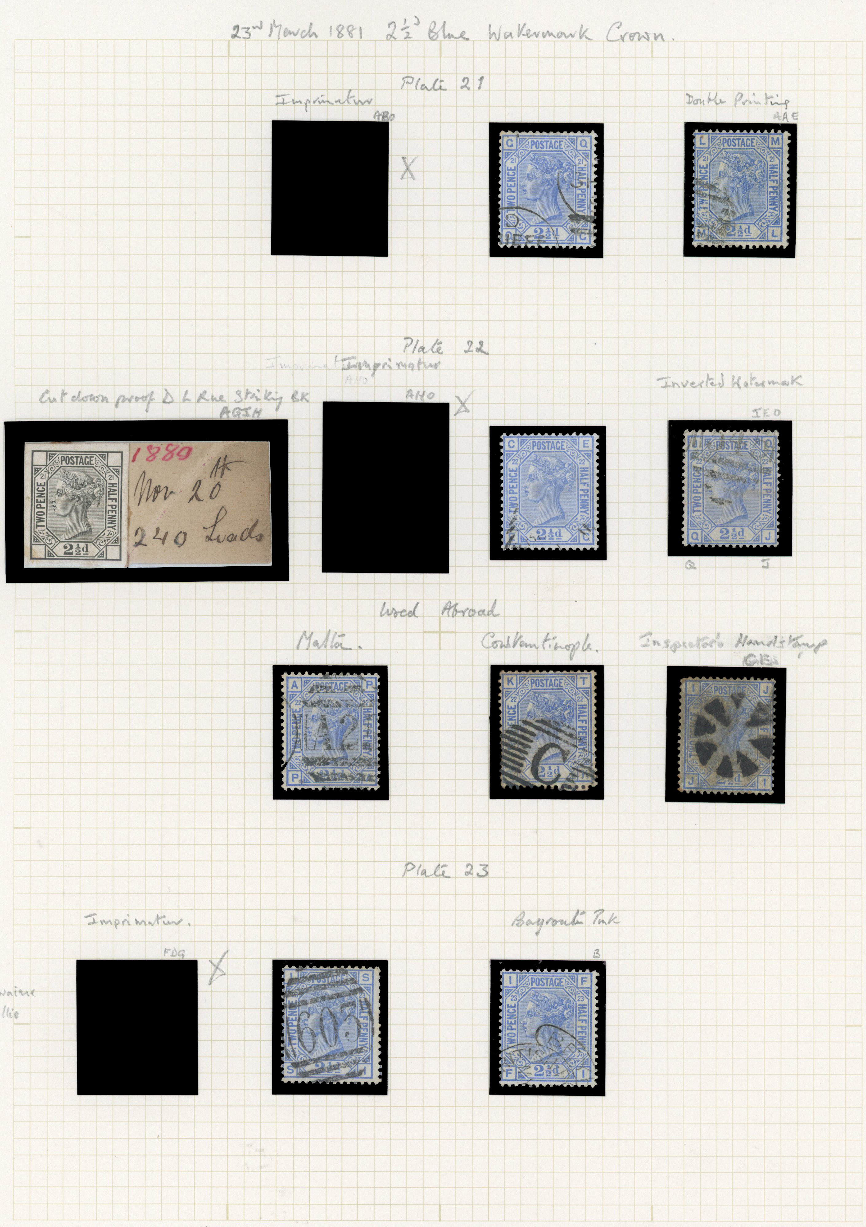 1881 2½d Blue Pl.21-23 (SG157, Wmk. Crown). A used study and Die proof