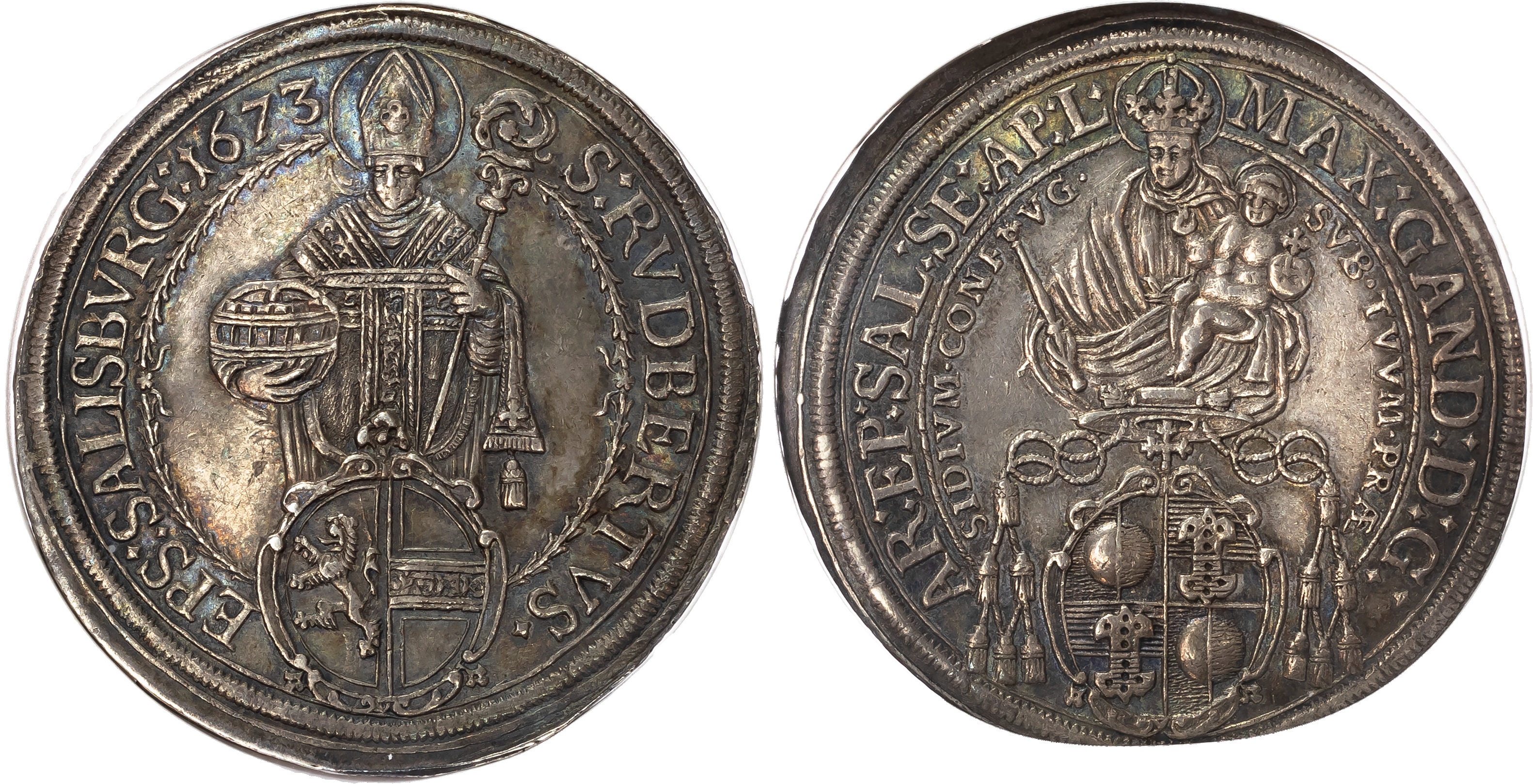 Austria, Salzburg, Maximilian Gandolph (1668-1687), silver Taler, 1673 - AU 58