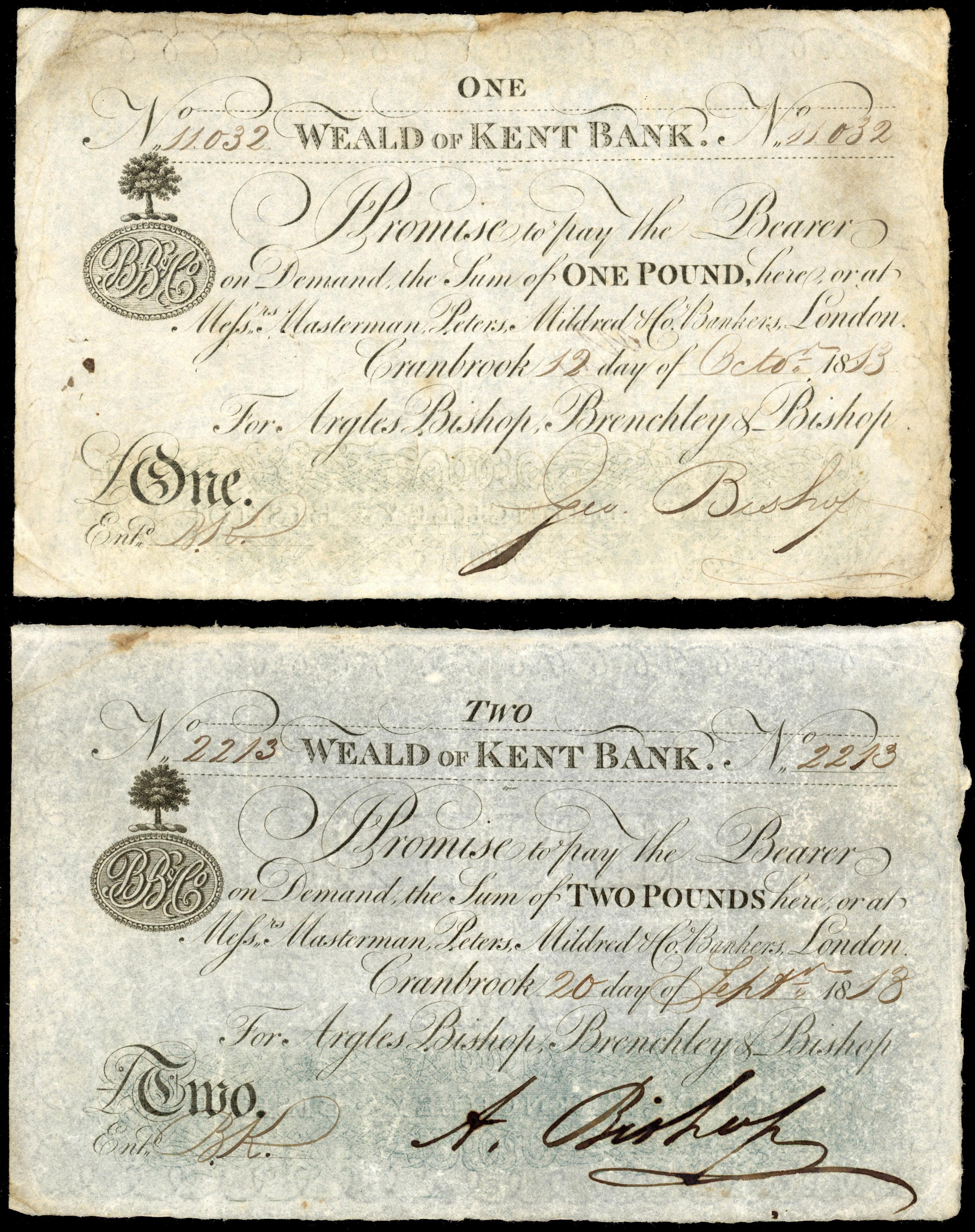 CRANBROOK, Weald of Kent Bank, for Argles, Bishop, Brenchleys & Bishop, £1and £2,12 October 1813 and 20 Septem…