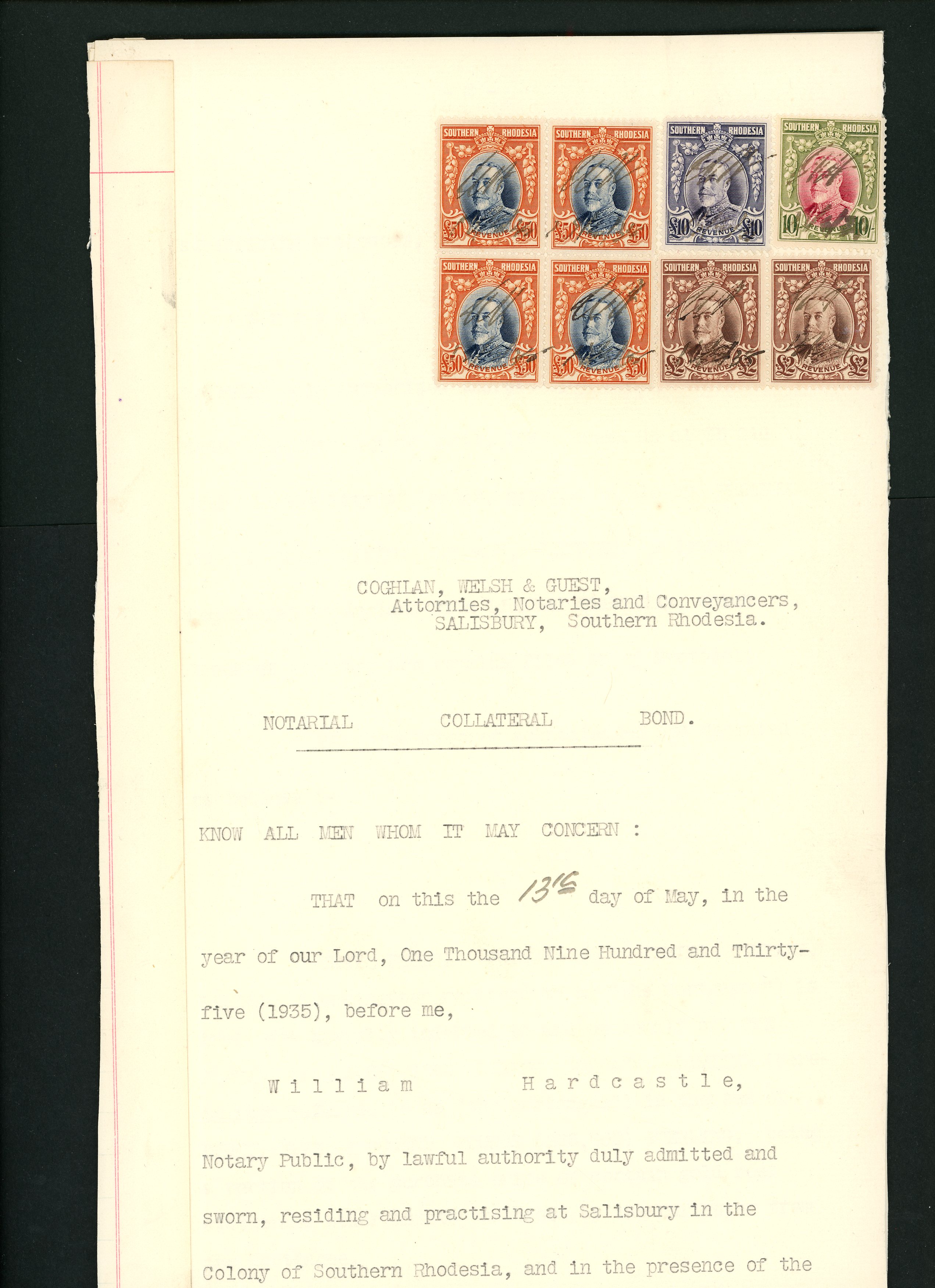 Southern Rhodesia bond Document bearing  £50x4