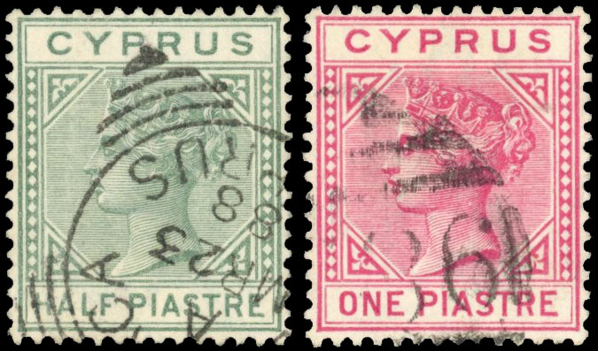 Cyprus SG 16ab, 18a 1882 ½p and 1p detached triangles used