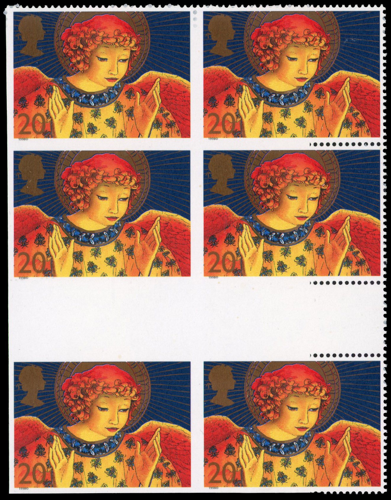 GB: 1998 20p Christmas, Angel with Hands raised in Blessing, gutter block of 6 (2x3), bottom left hand pair completely
