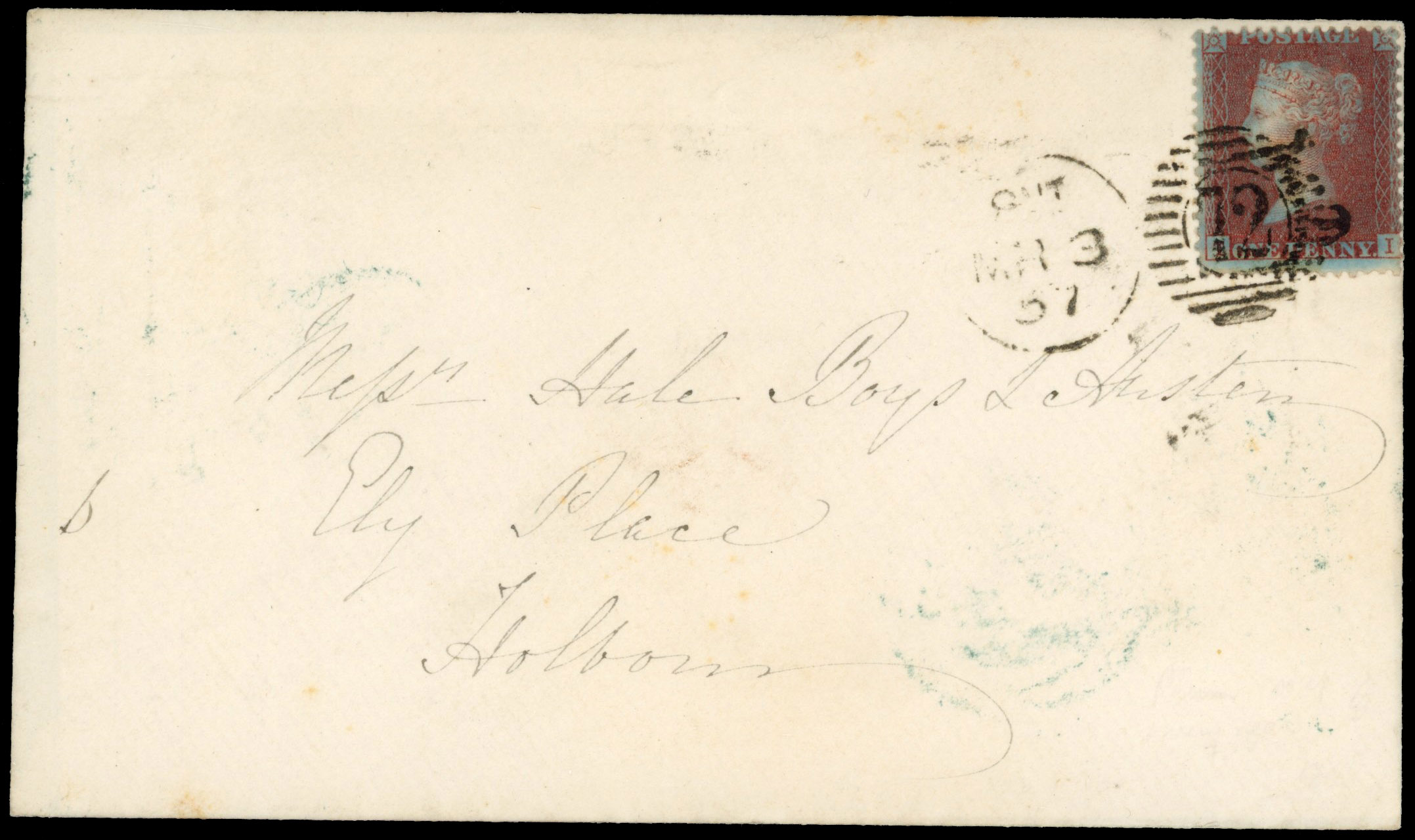 GB SG 29 1854-7 1d deep claret shade on cover