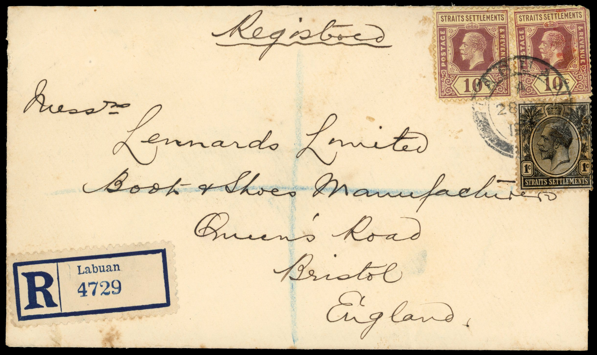 Labuan 1929 registered cover to England bearing Straits Settlements 1921-33 1c, 10c