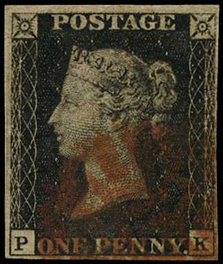 1840 1d black, plate 9 (PK) 4 margins, red...