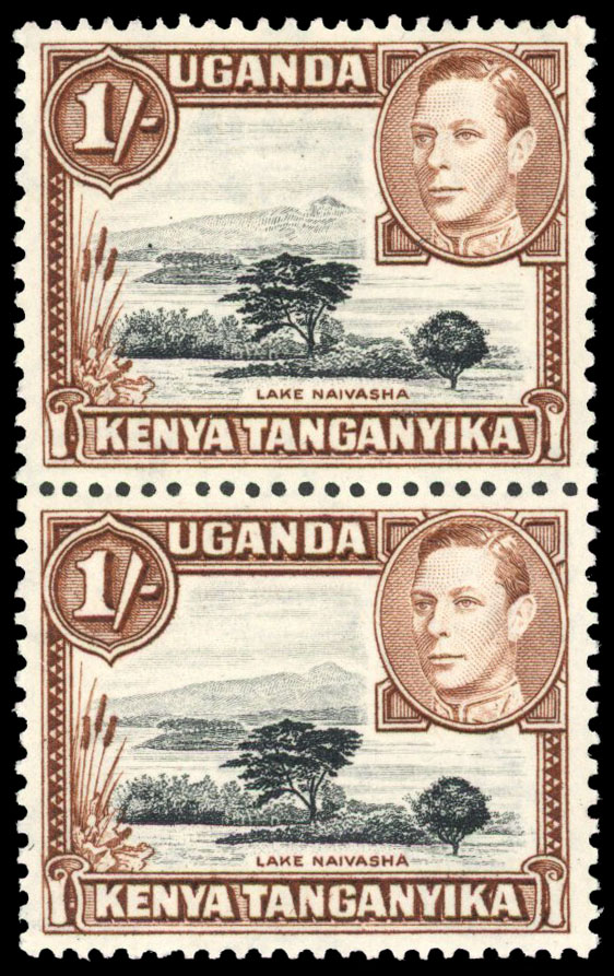 1938 1s black and brown vertical pair, the upper stamp showing R6/7 Mountain retouch, diagonal crease still fresh