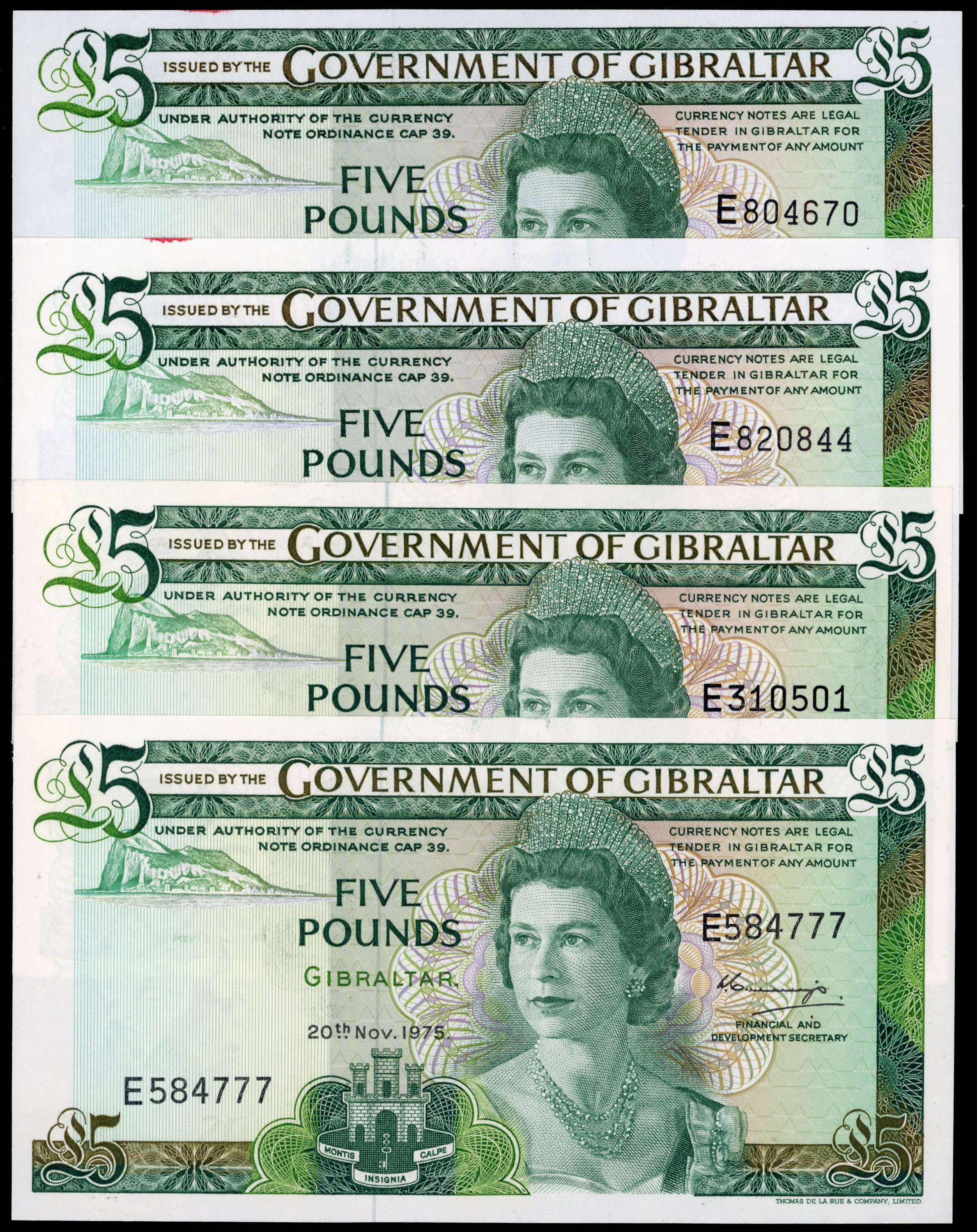 Gibraltar, Government, 20 November 1975, Five Pounds, A Collins, E310501, E584777, (Pick 21a); 4 August 1988, …