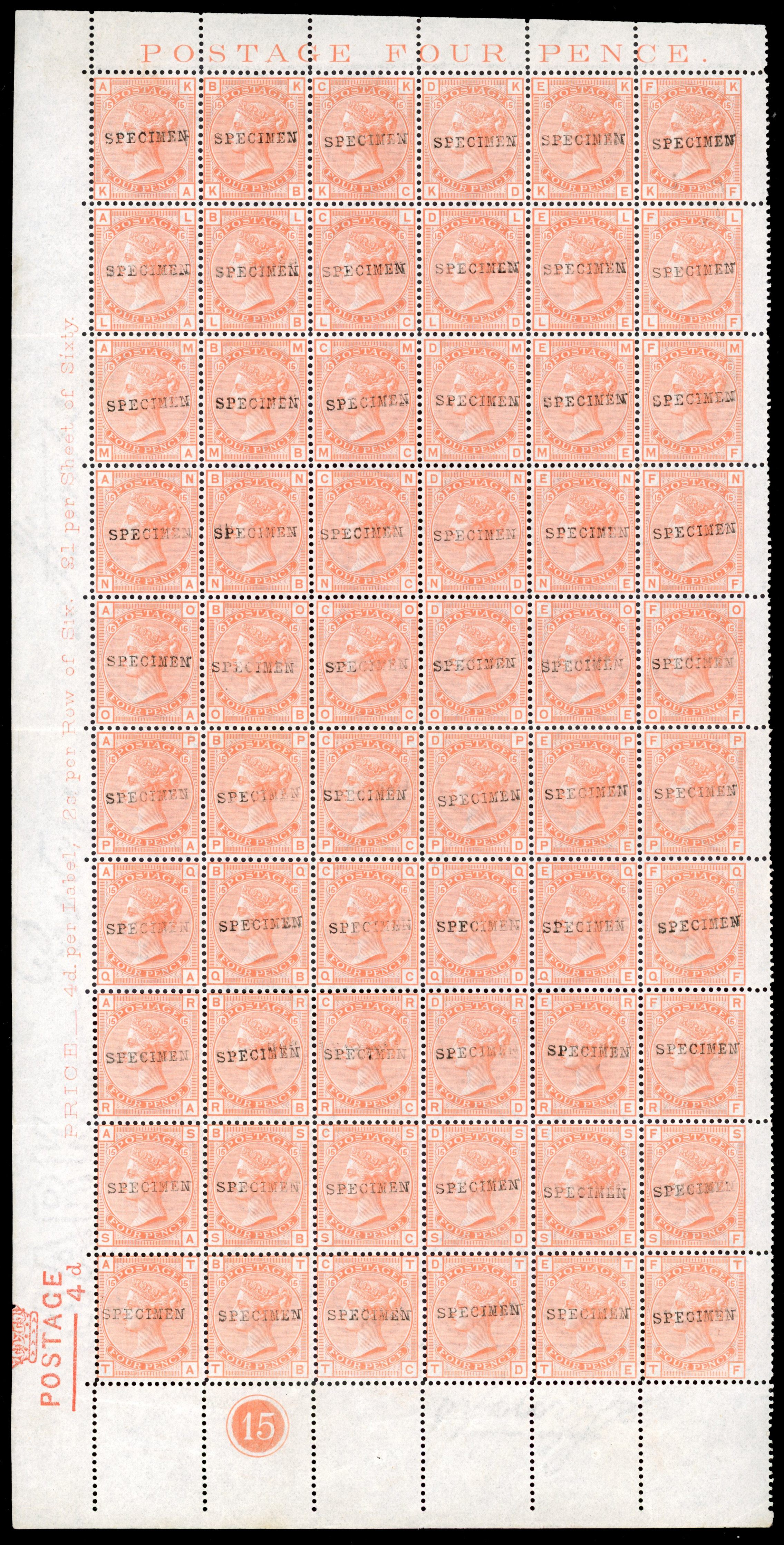 Great Britain SG 152 var 1873-80 4d vermilion wmk large garter h/s specimen