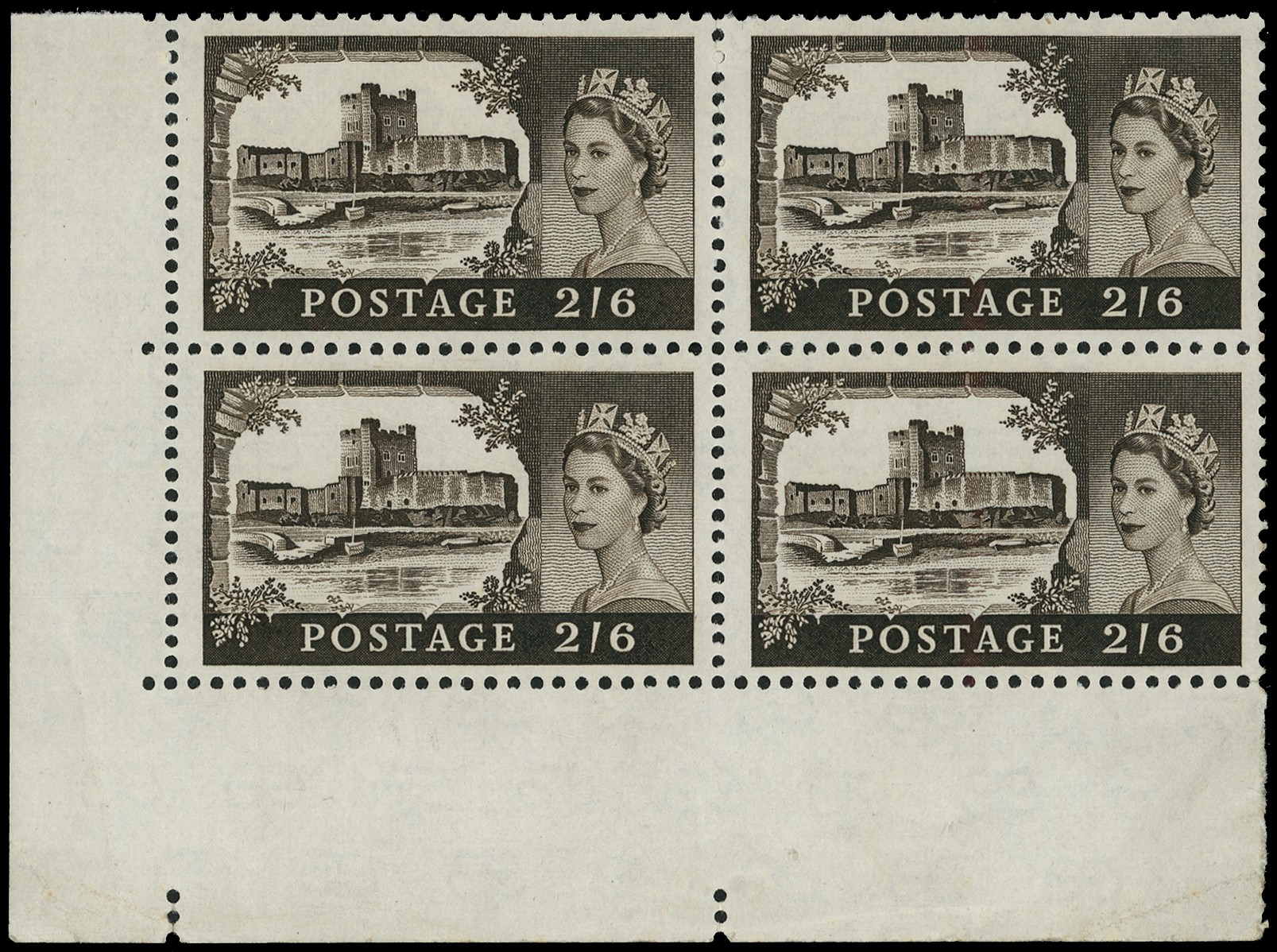 1963 Bradbury Wilkinson 2/6d black-brown, block of four, variety WATERMARK INVERTED.