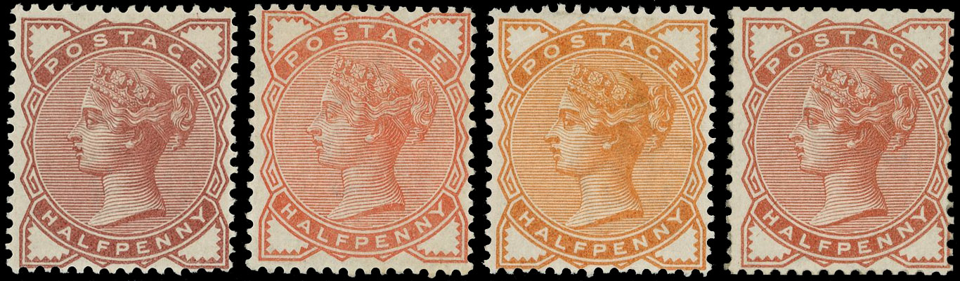 1884 ½d Colour trials. Very fine set of four in Venetian red, orange-red, orange and orange-brown printed on gummed wate…