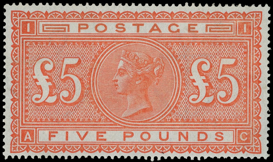 1882 £5 orange plate 1, white paper (AC) excellent...