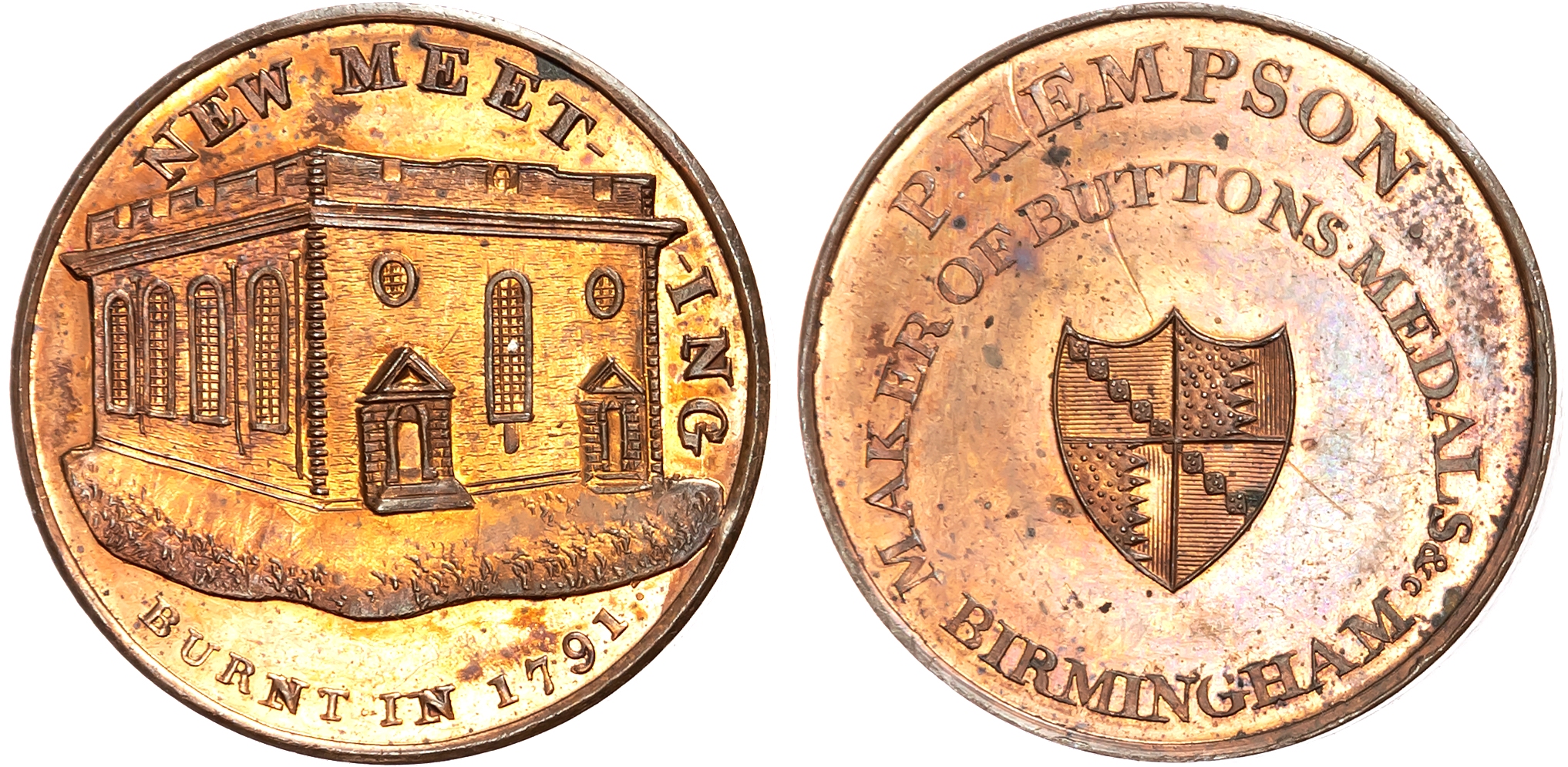 Warks. Birmingham , P Kempson’s Series of Birmingham Buildings, Halfpenny late 1790s, View of the New Meeting Hall, burn …