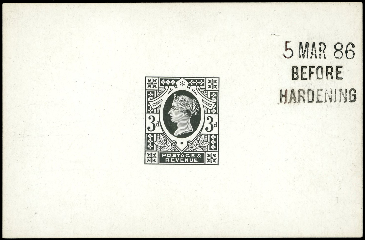 1886 'Jubilee' 3d die proof printed in black on white glazed card (92 x 60mm)