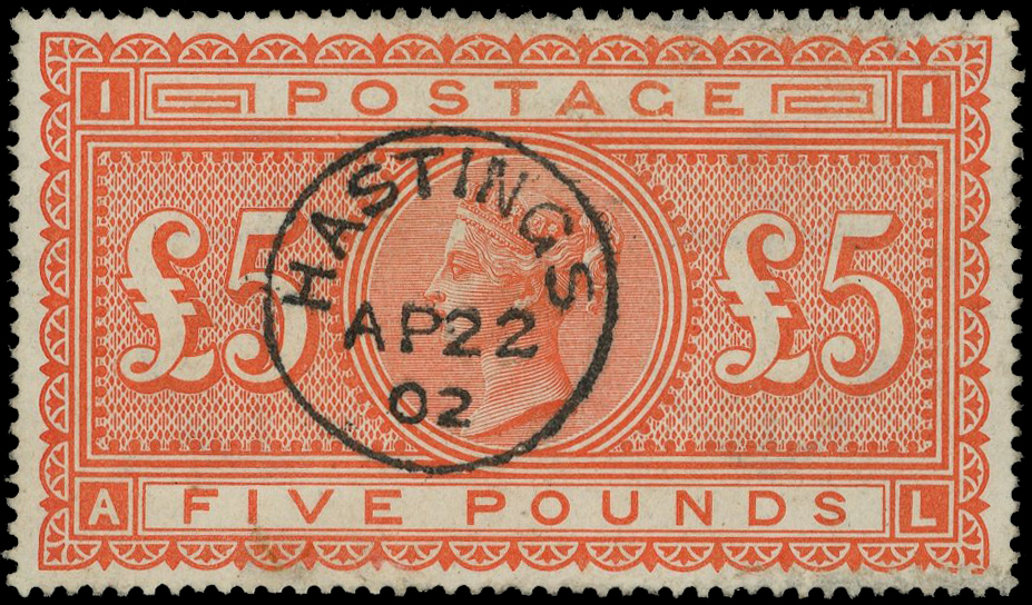 1867-83 £5 orange used with a superb ‘Hastings AP22 02’ cds,