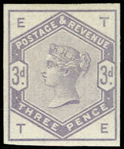 Great Britain 1884 3d Colour trial. Very fine unused o.g. imperforate example lettered TE, printed on Crown waterm…