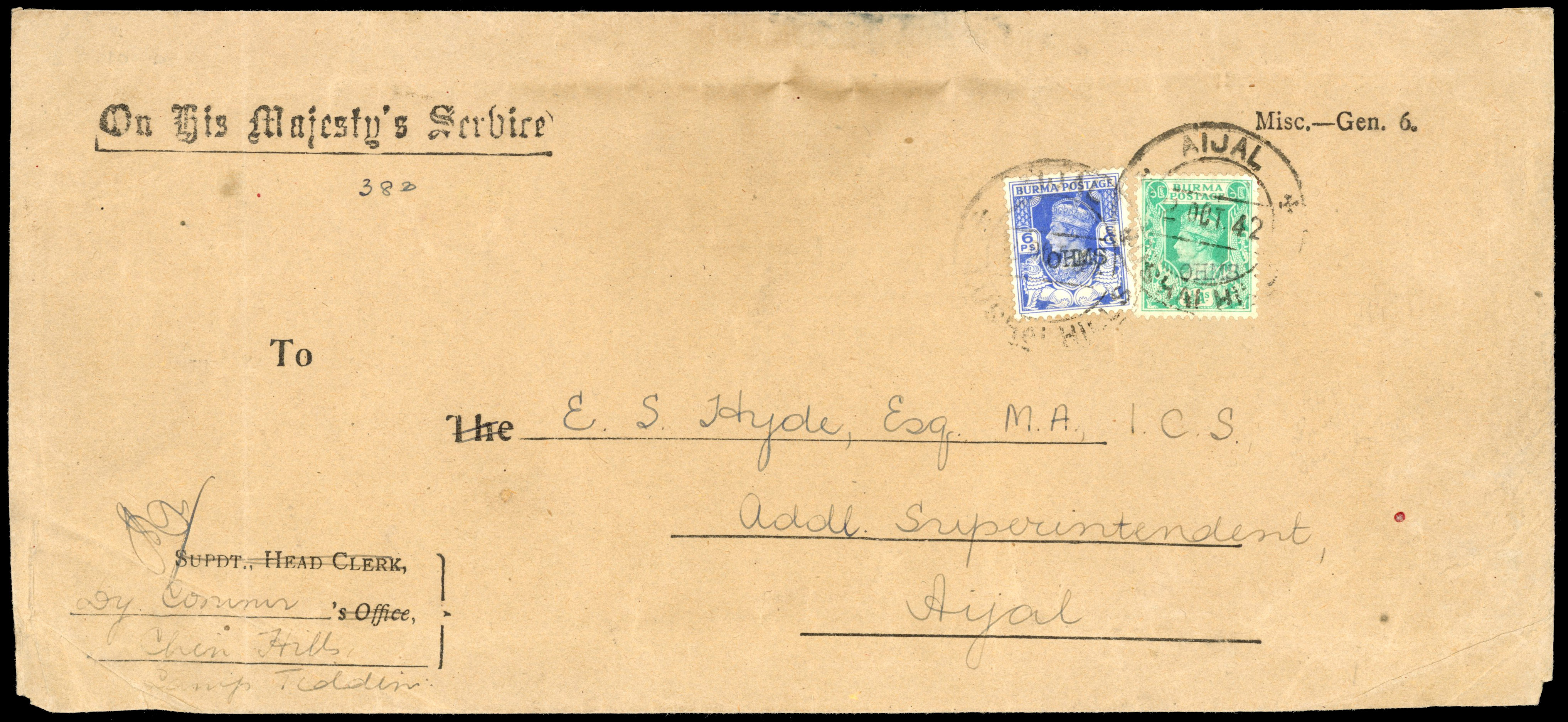 Burma to India Land Route Chin Hills Runner Post OHMS provisional cover 1943