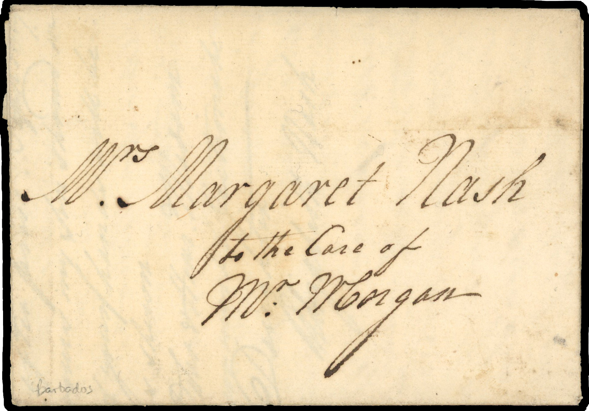 BARBADOS: 1780 entire used locally, addressed to ‘Mrs Margaret Nash’ dated 25 July 1780. Uncommon local usage