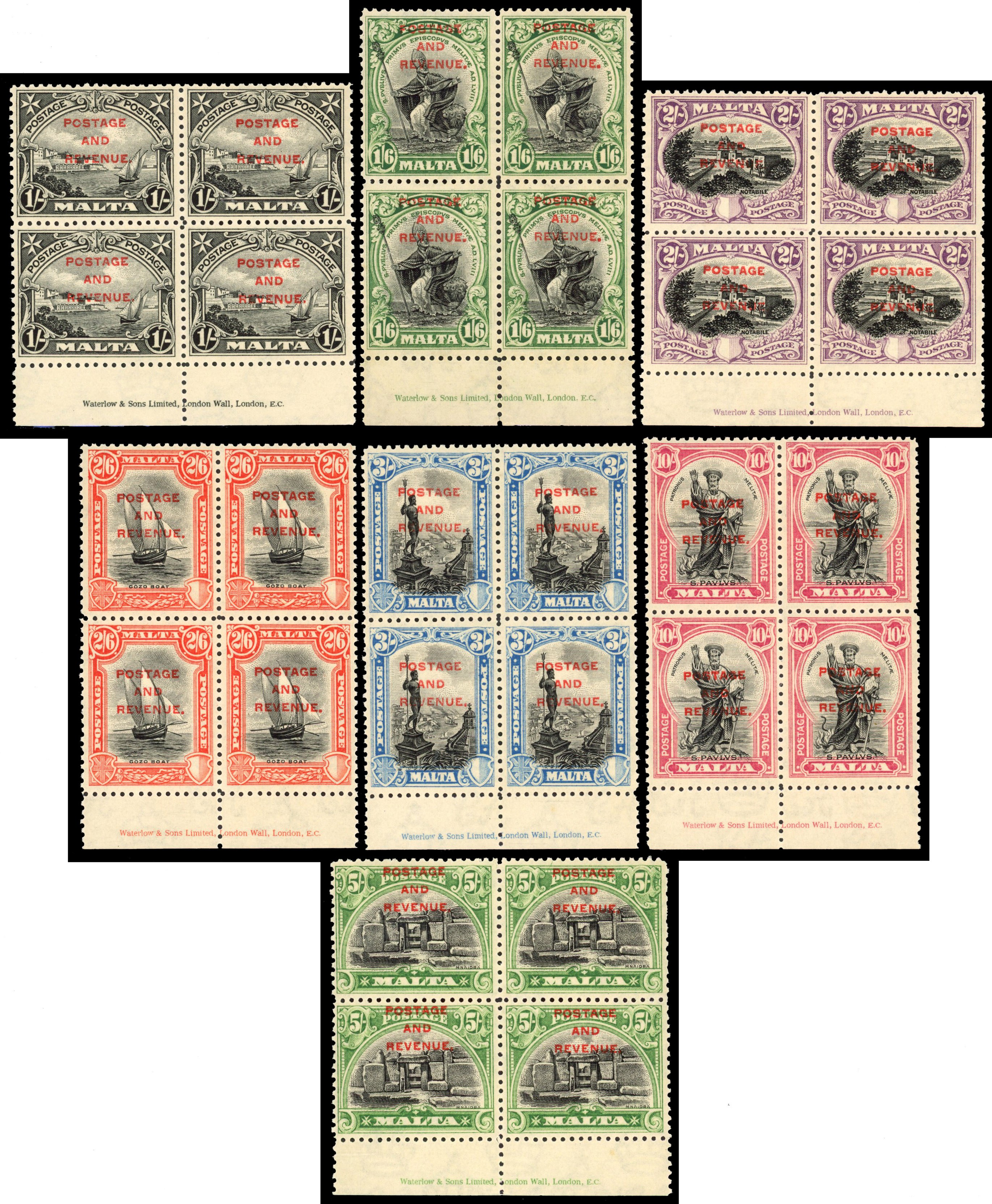 Malta 1928 1s to 10s imprint blocks