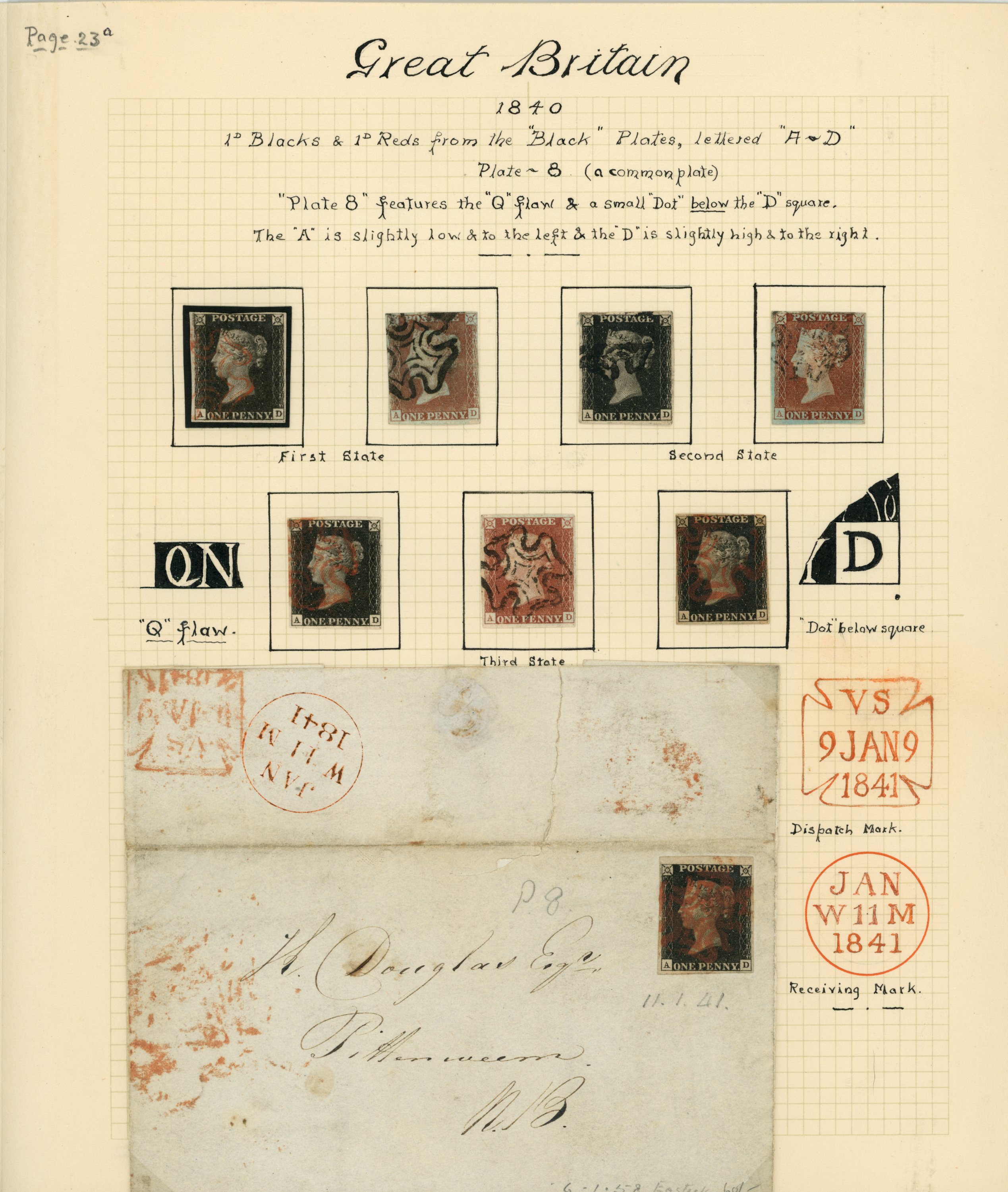 1840 1d black, Plate 8, three used examples...