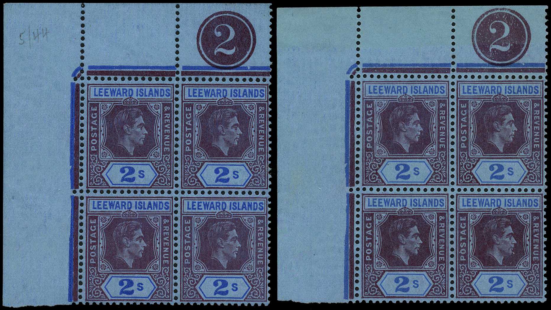1942-7 2/- reddish purple and blue on blue...