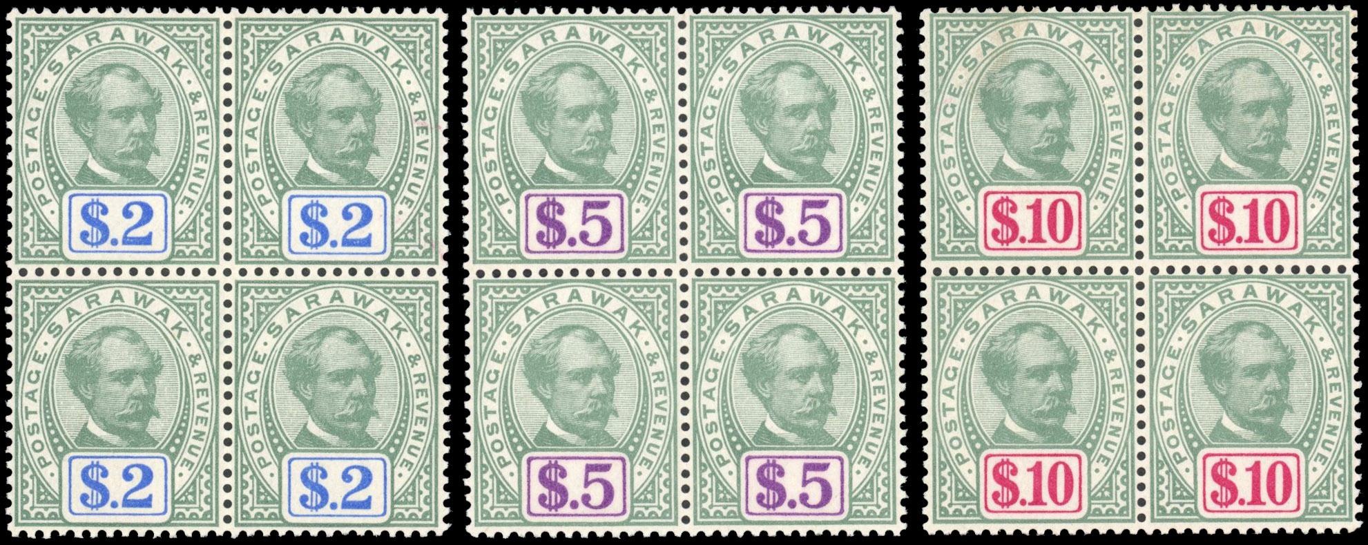 Sarawak 1888-97 $2,$5,$10 unissued set in mint blocks of four