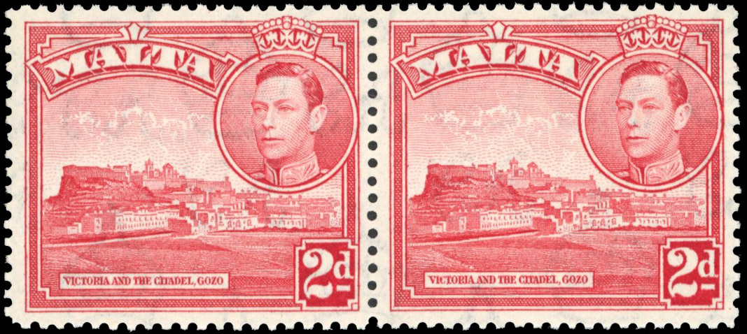 Malta SG 221bb 1943 2d flag on citadel pair mint