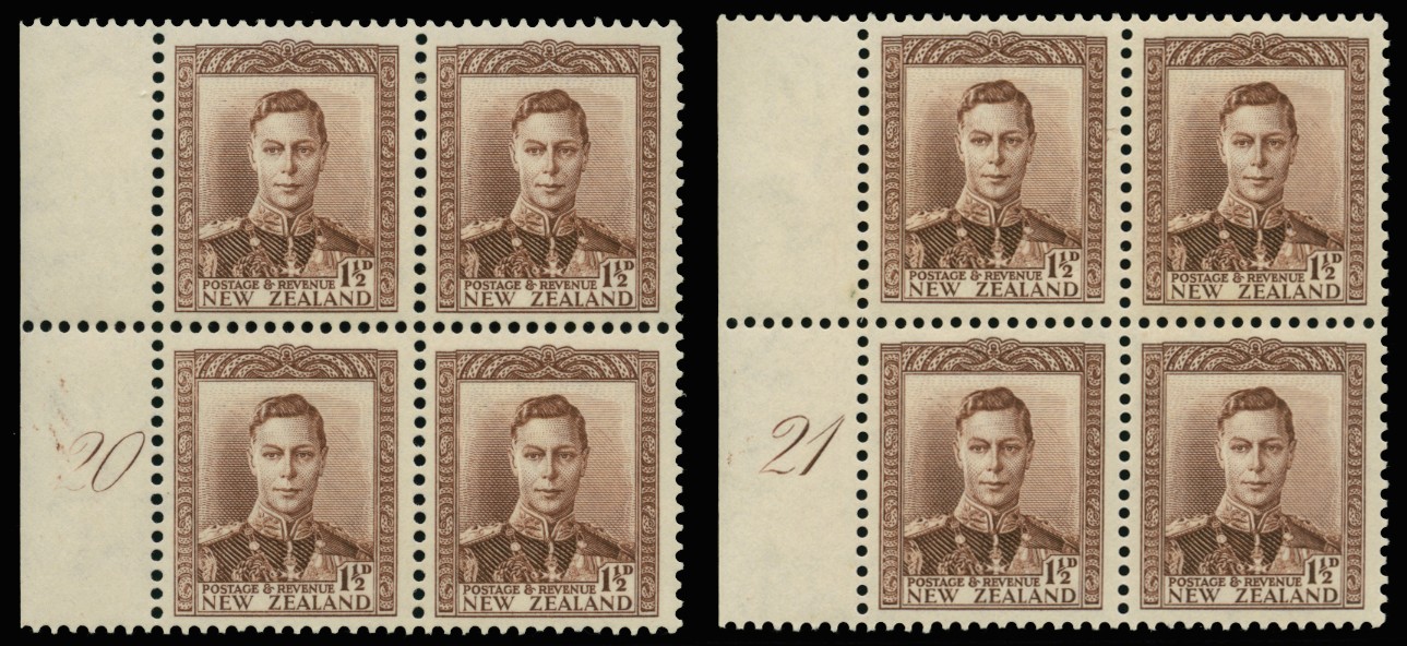 1938-44 1½d purple-brown, matching left marginal blocks of...