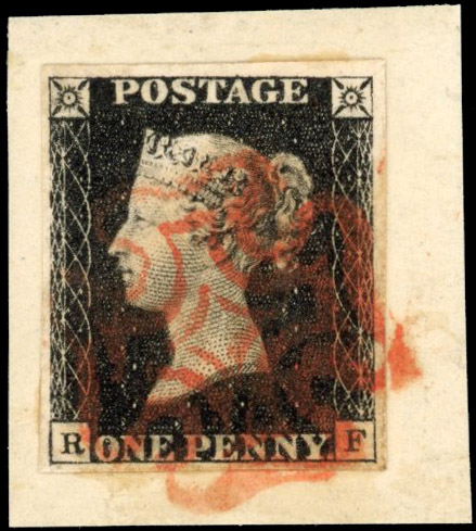 Great Britain 1d black Plate 4 (RF) used on piece SG 2