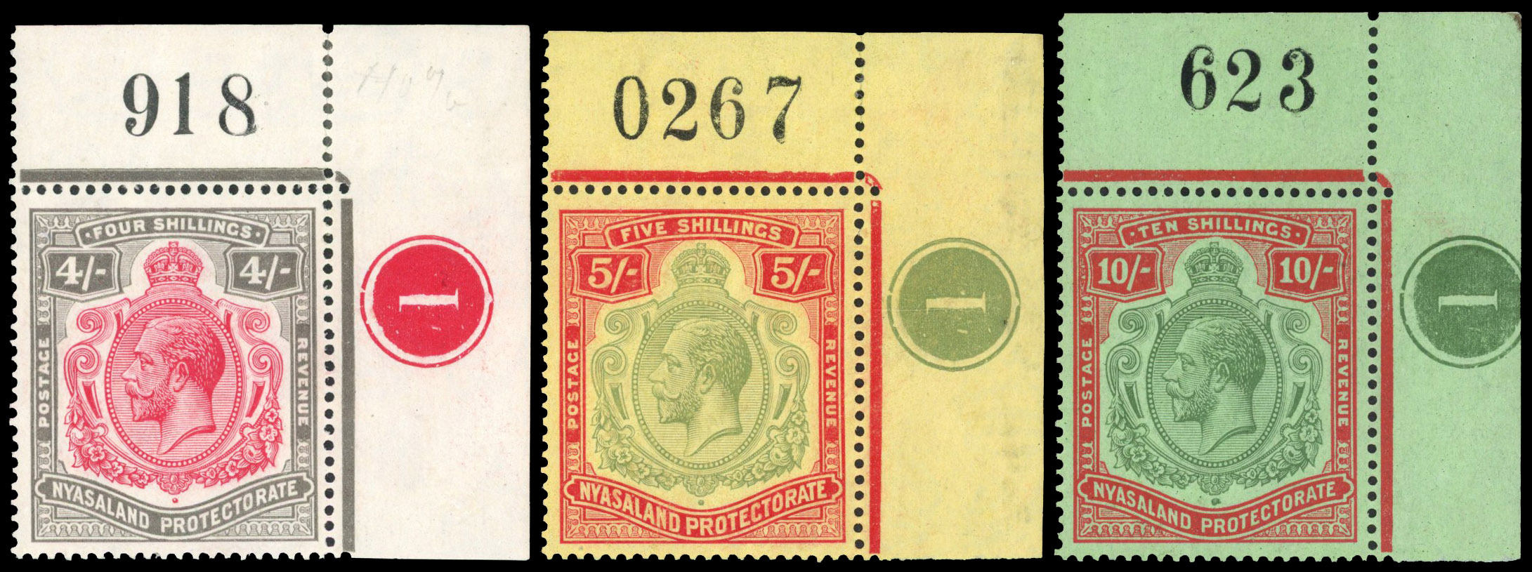 Nyasaland 1921-33 4s, 5s, 10s variety Break in scroll