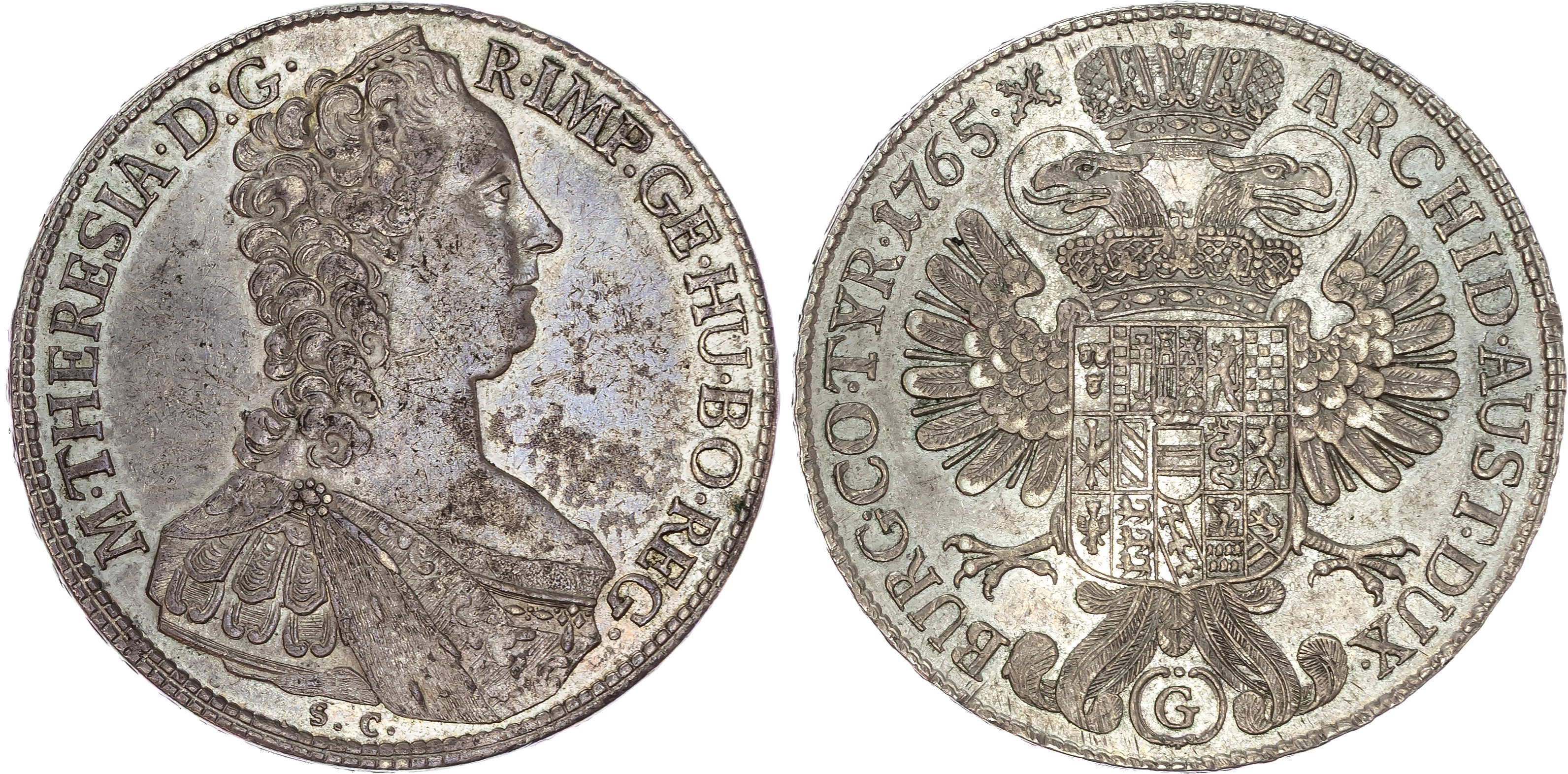 Austria , Maria Theresa (1740-1780), silver Taler, 1765 SC-G, Günzburg, 28.03g (Dav. 1147). Extremely Fine, ma…