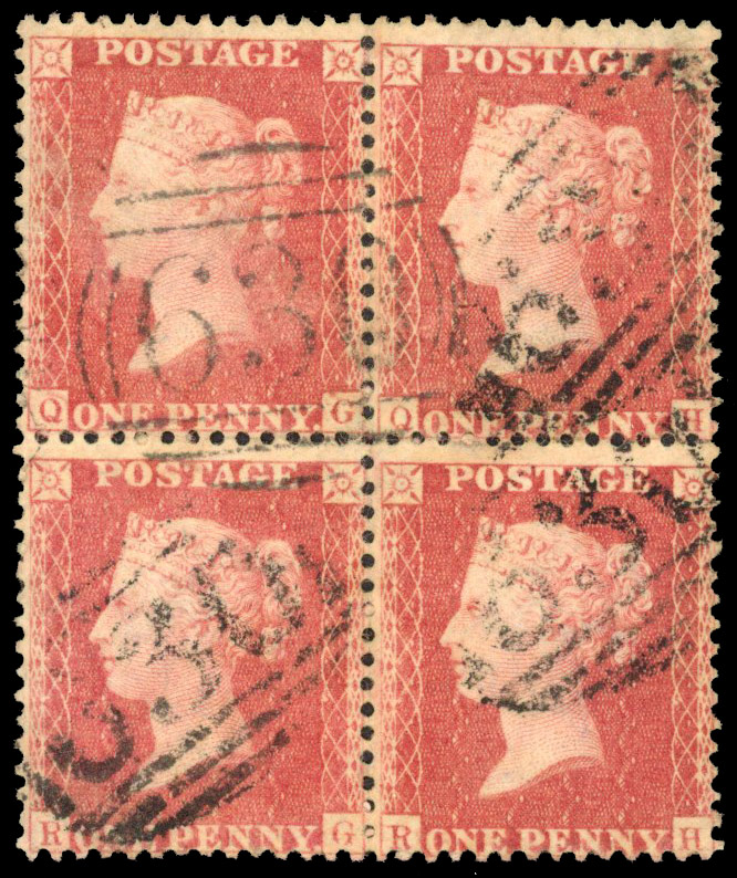 1857 1d Rose-red Pl.65 (Die II, Alphabet III, Wmk. Large Crown). Used block of four
