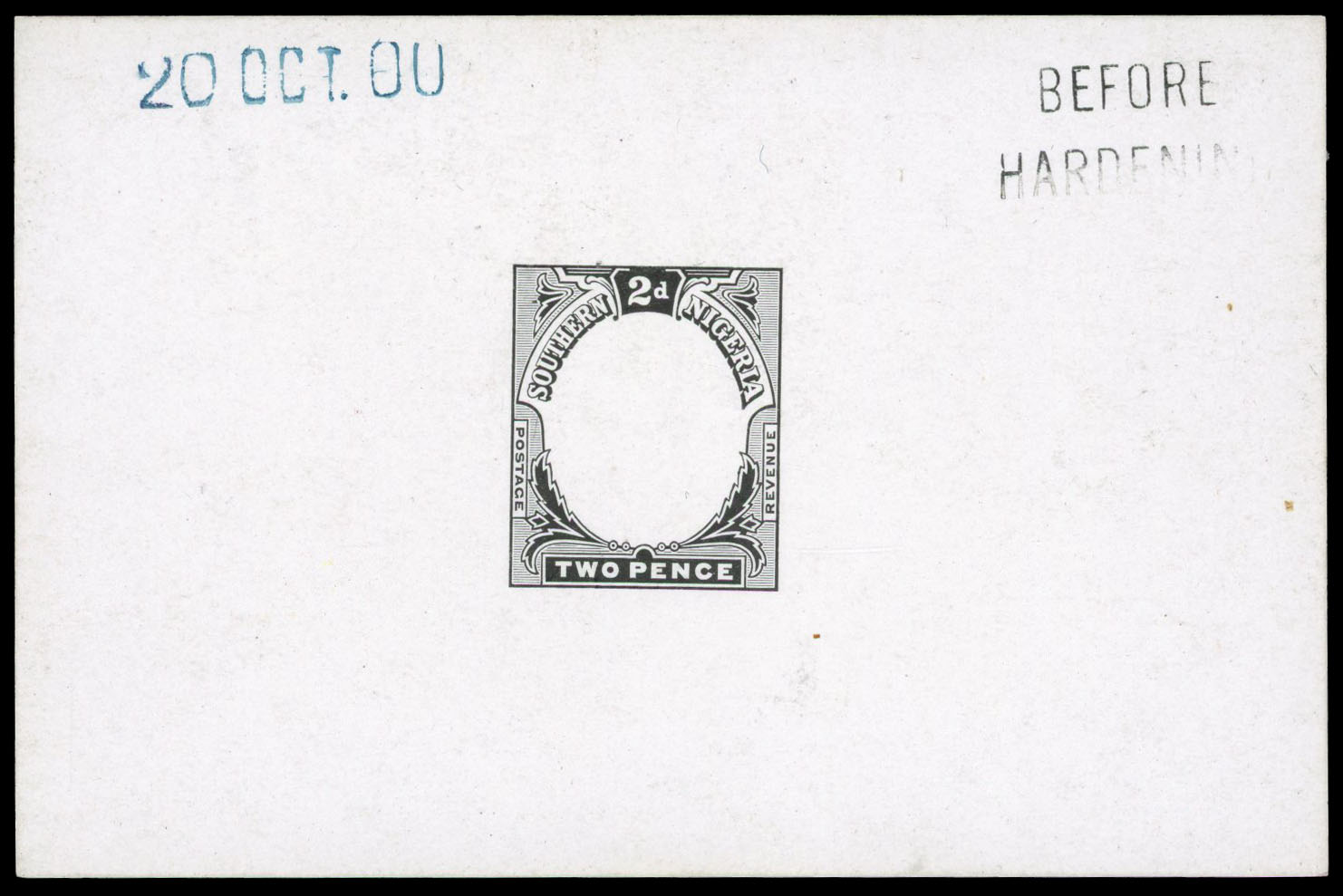 1900 2d frame die proof on glazed card dated “20 OCT. 00” in blue and endorsed “BEFORE HARDENING” in black. Fine. 