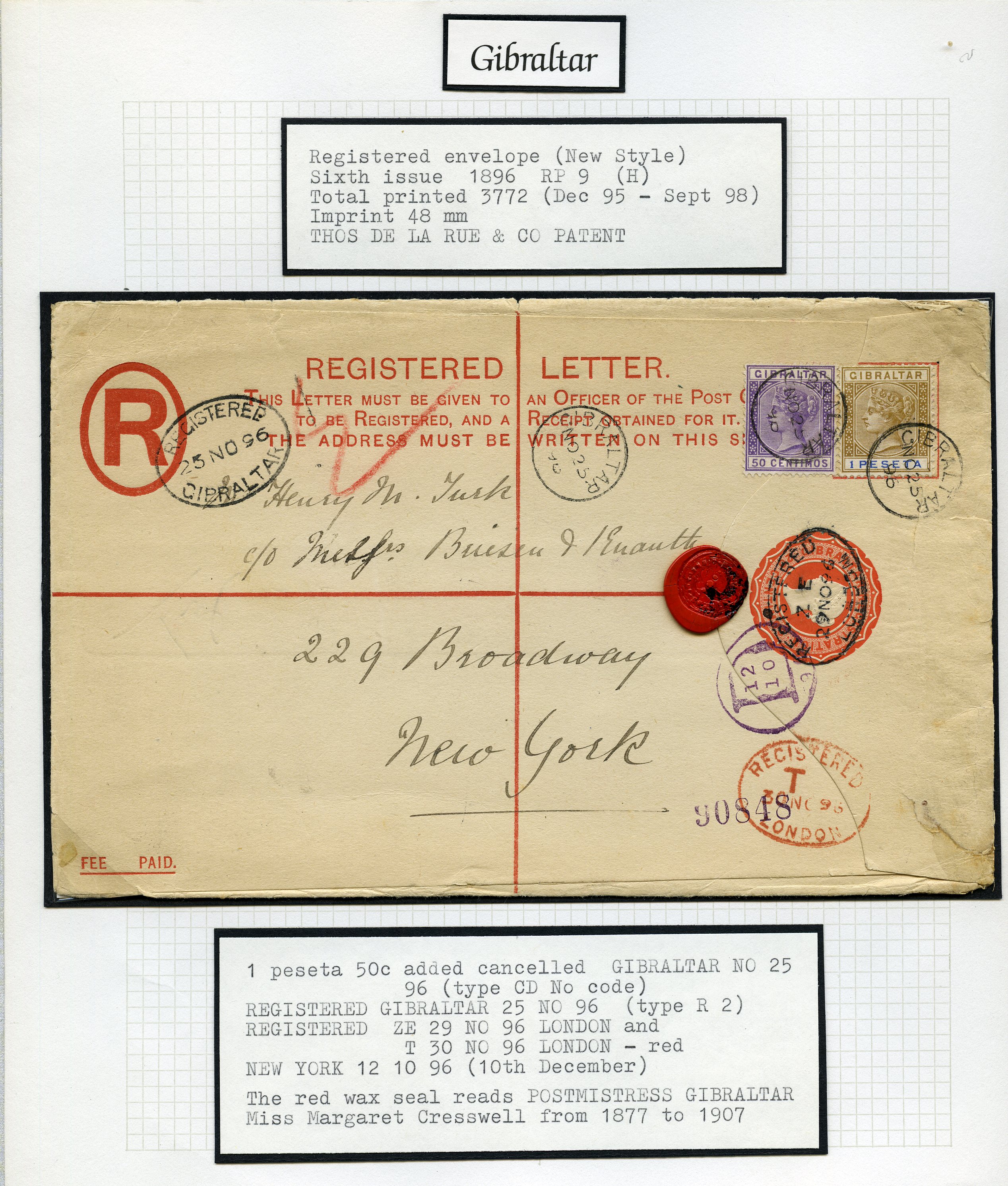 Postal Stationery. 1896 registered envelope...