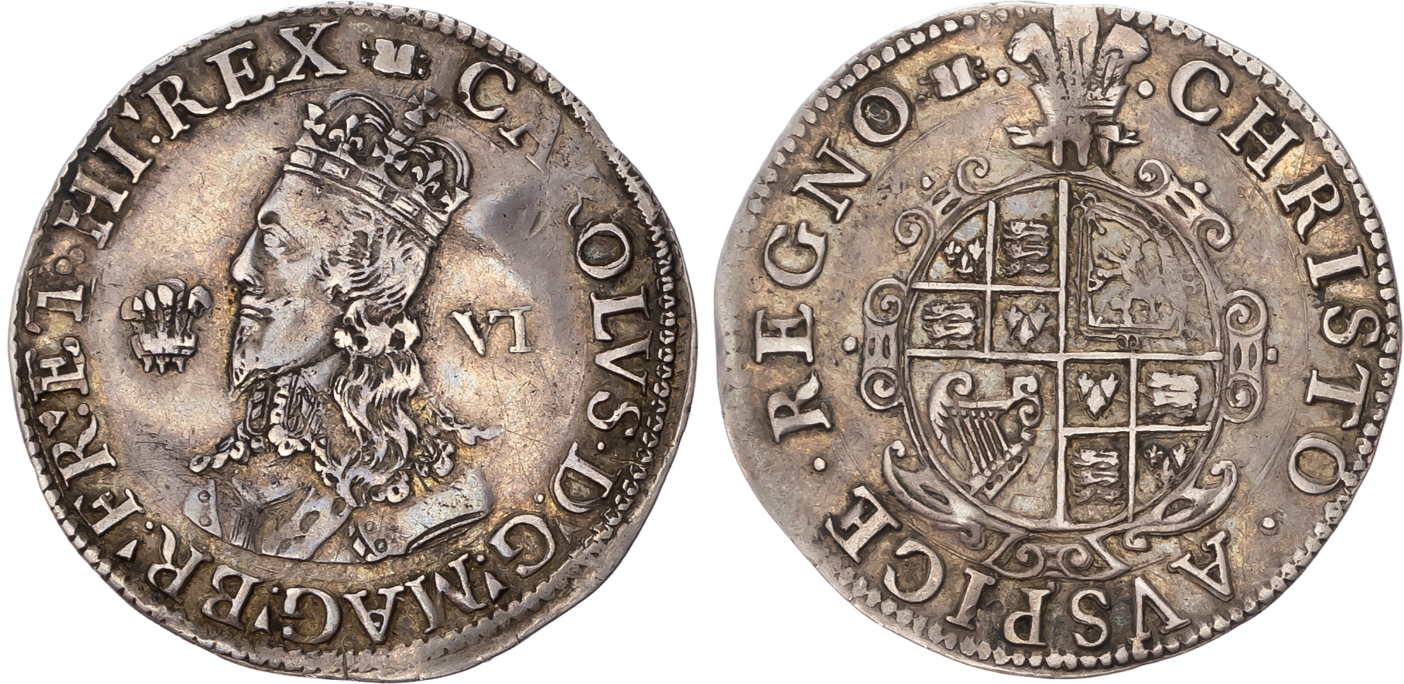 Charles I (1625-1649), AR Sixpence, Aberystwyth mint, mm: open book, struck 1638/9-1642. Crowned bust left; plumes to le…