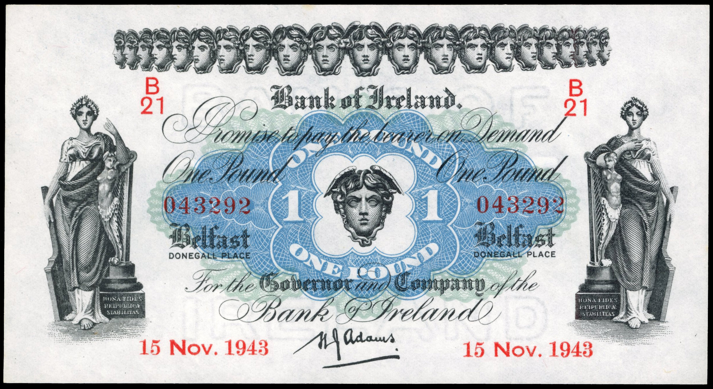 Ireland, Bank of Ireland, One Pound. Belfast, 15 Nov 1943, signed Adams, serial no. B 21043292. (BA 96; Pick 5…