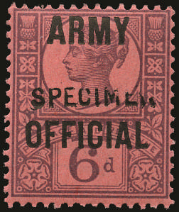 Great Britain 1901 6d Purple/Rose-red (Army Official). Superb unused o.g. example overprinted "SPECIMEN" type 15, …