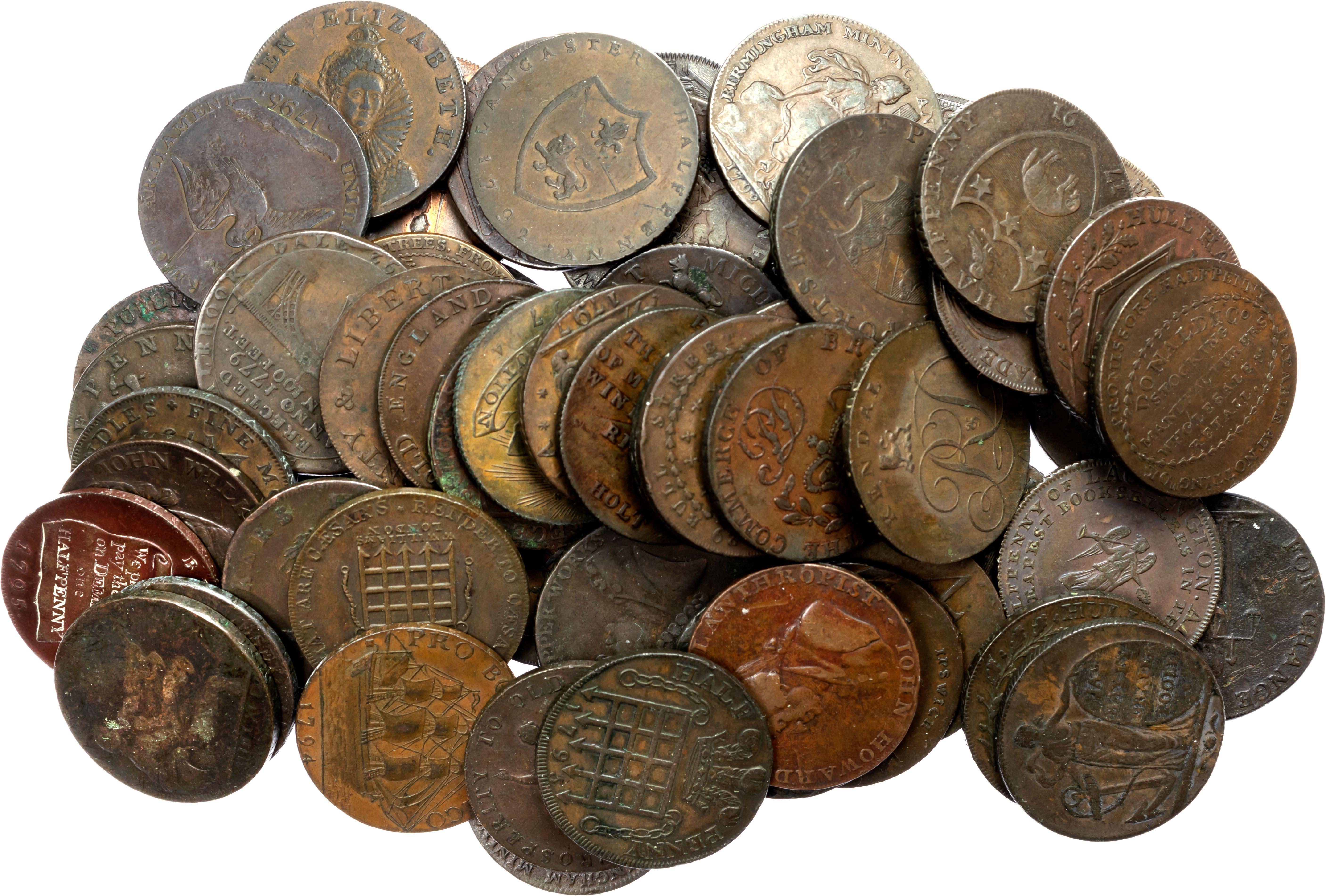 Lot of 73 English 18th. century tokens. Generally about Very Fine, some better. [73] …