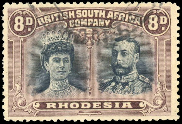 Rhodesia SG 146 1910 8d black and purple 'used' with forged postmark