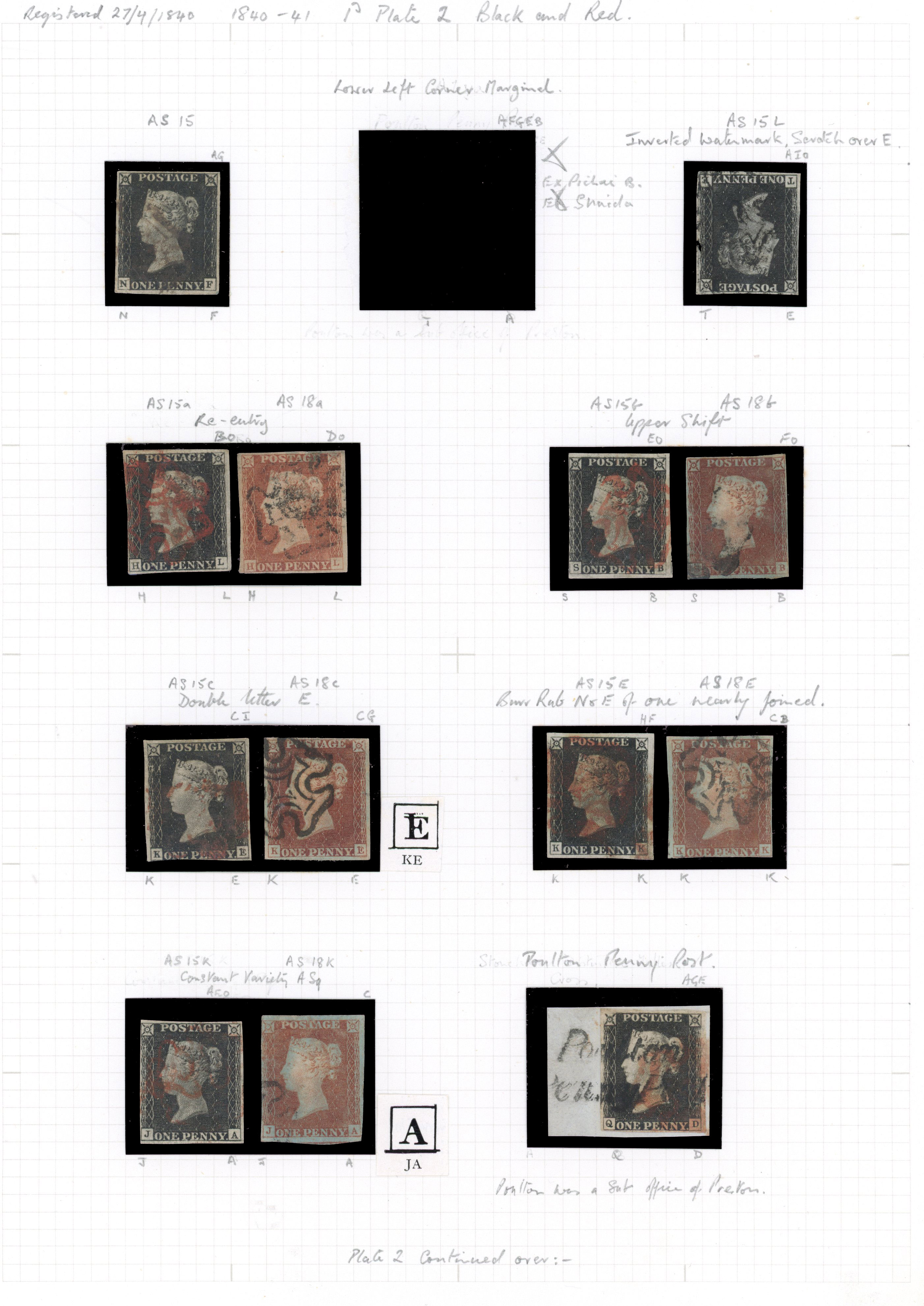 1840 1d Black Pl.2. Interesting group of thirteen used adhesives from plate 2